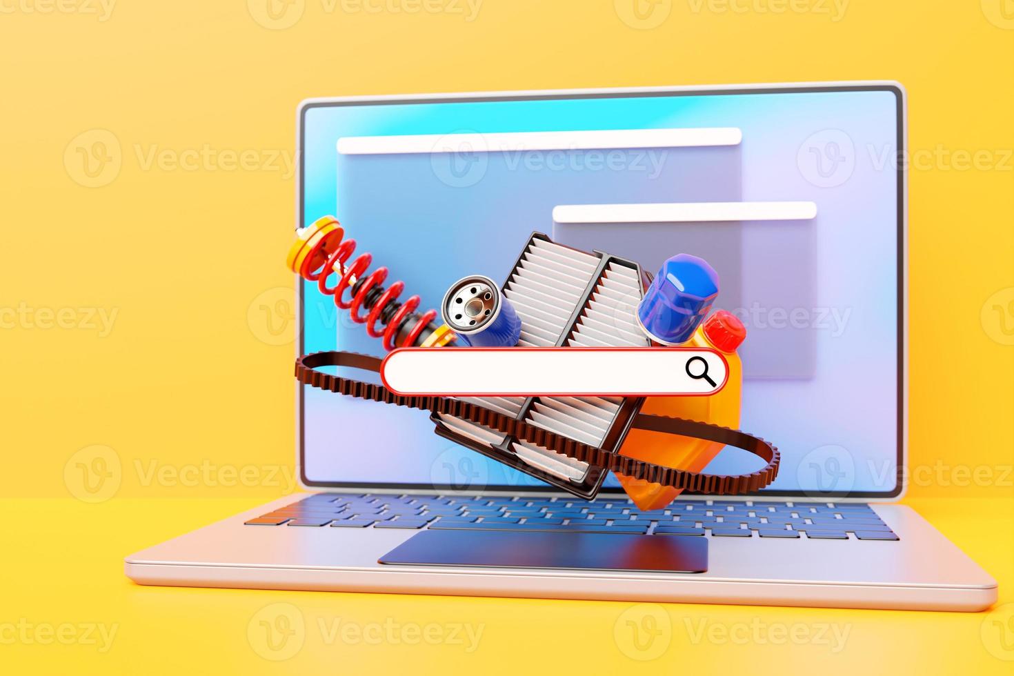 3D illustration, search bar design element with auto parts car shock absorber,timing belt,  oil canister, fuel and air filters no laptop. Online shopping concept for spare parts photo