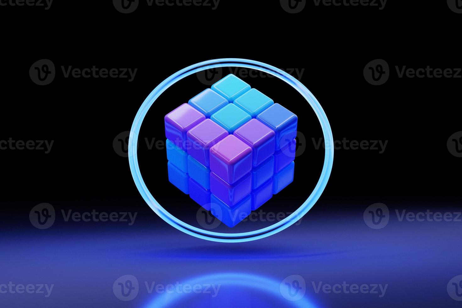 3d illustration classic still life with a geometric volumetric figure of a cube with a shadow under blue neon color photo