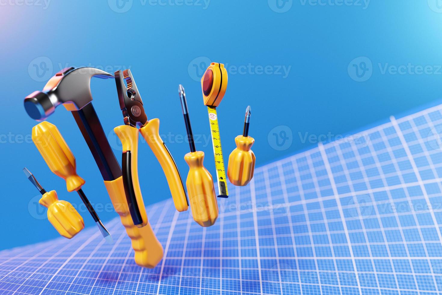 3D illustration of a metal hammer with a yellow handle, screwdrivers, pliers, hand tools photo