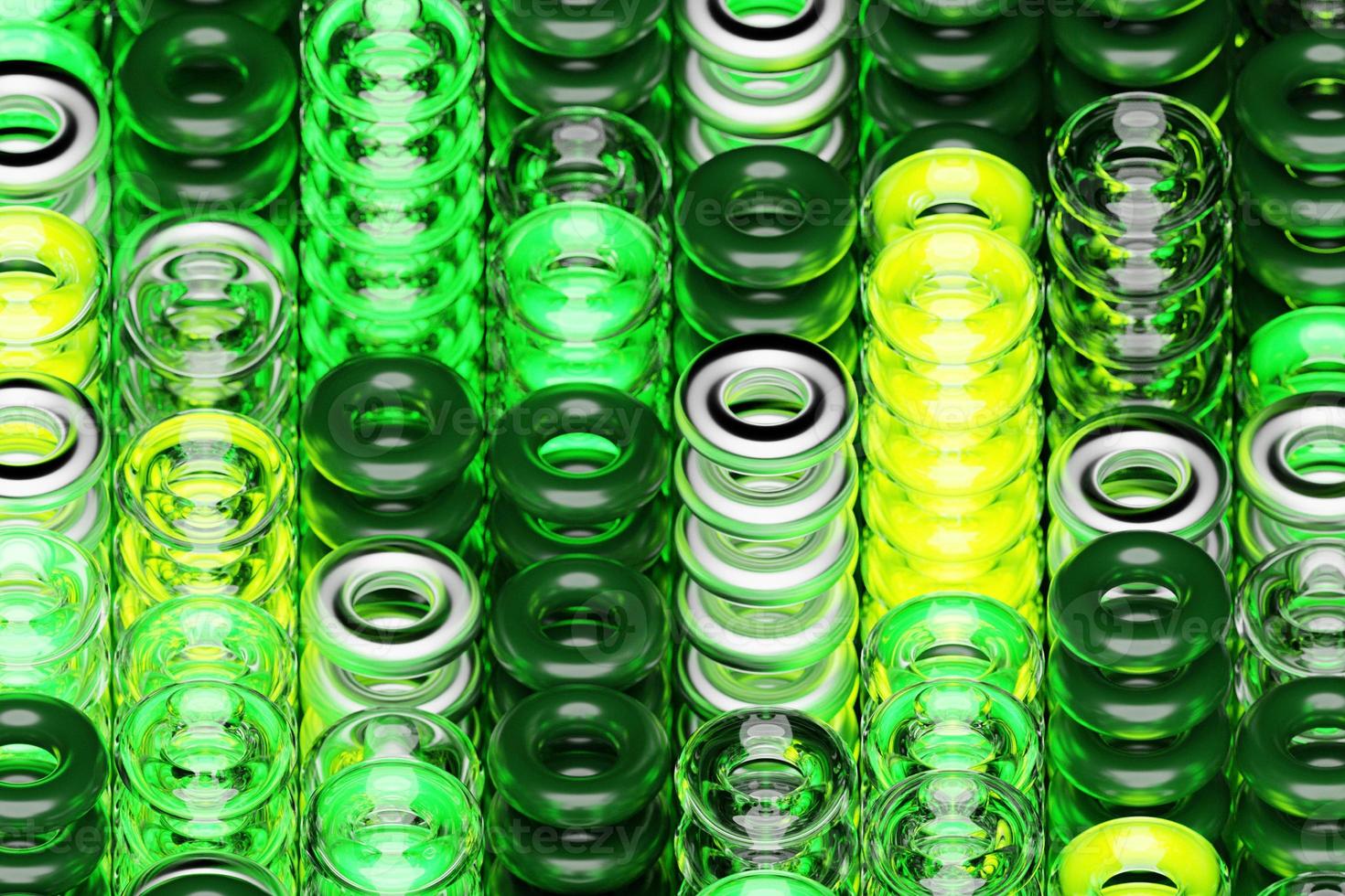 3d illustration of rows of   green torus .Set of  toruses  on monocrome background, pattern. Geometry  background photo