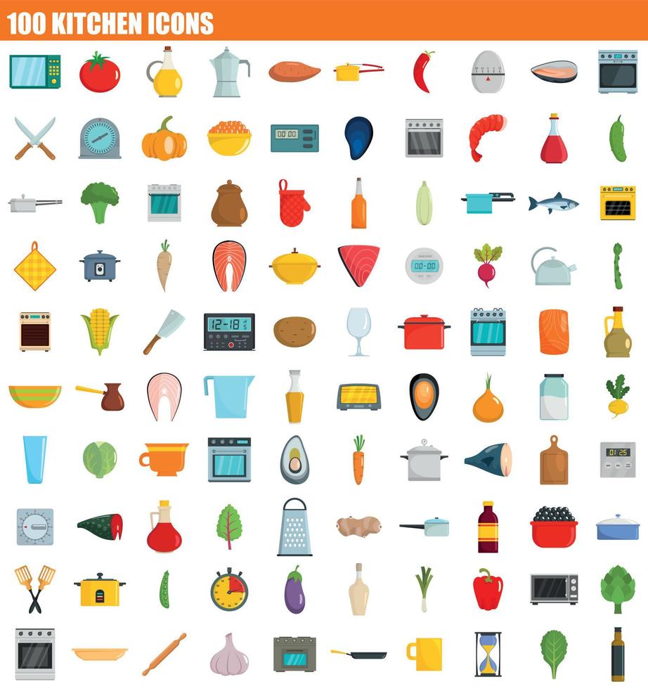 100 conjunto de iconos de cocina, estilo plano vector