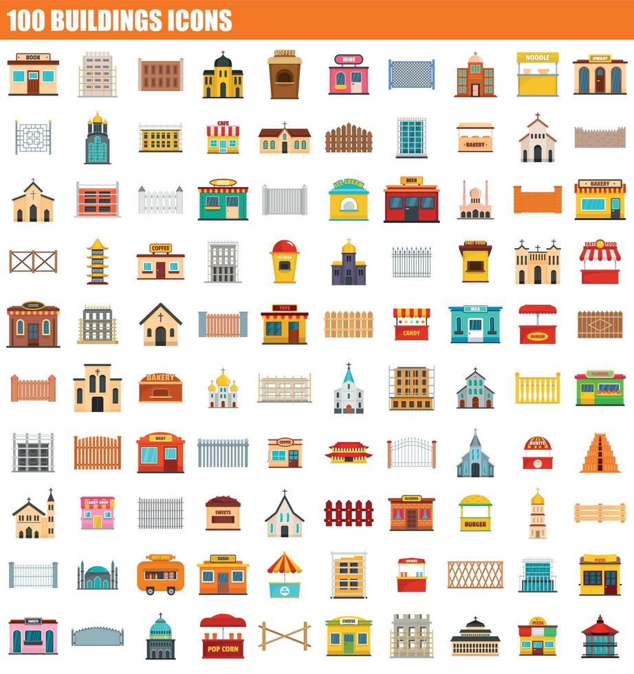 Conjunto de iconos de 100 edificios, tipo plano vector