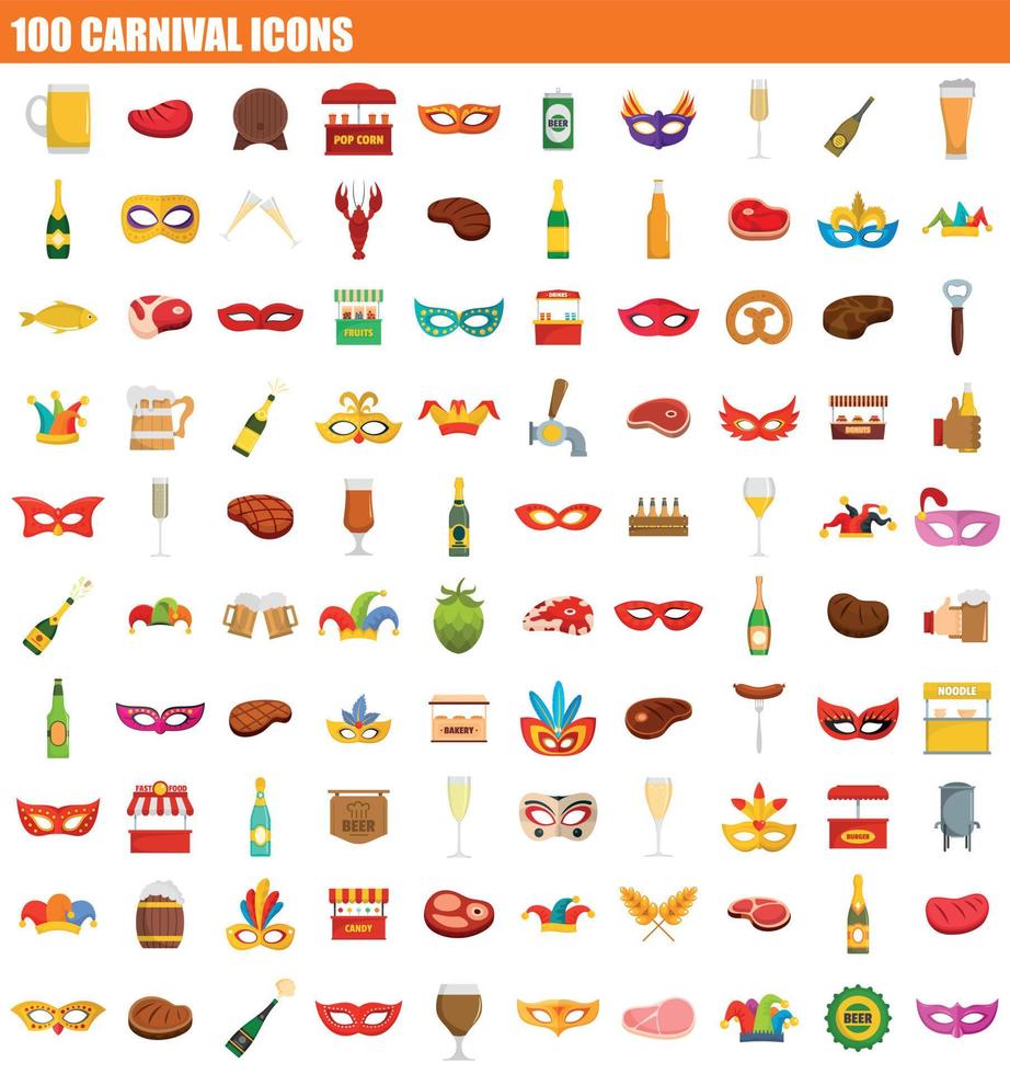 100 carnival icon set, flat style vector