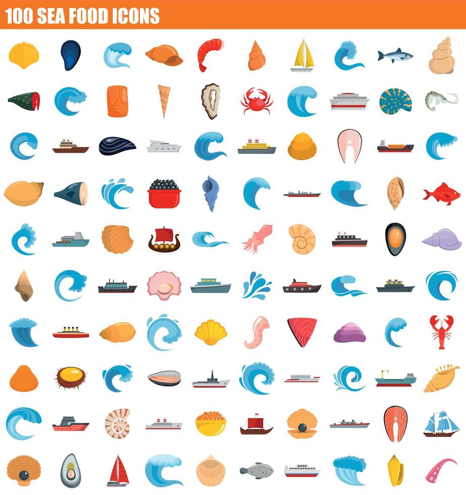 100 sea food icon set, flat style vector