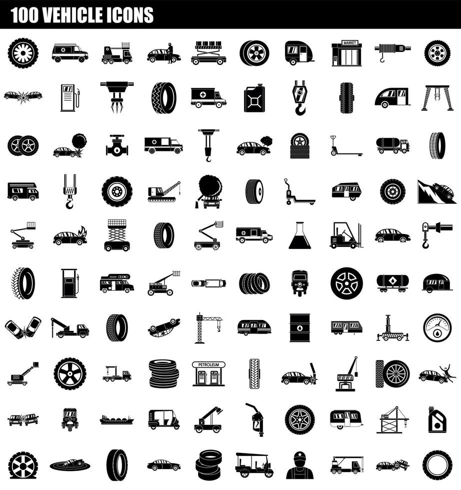 100 vehicle icon set, simple style vector