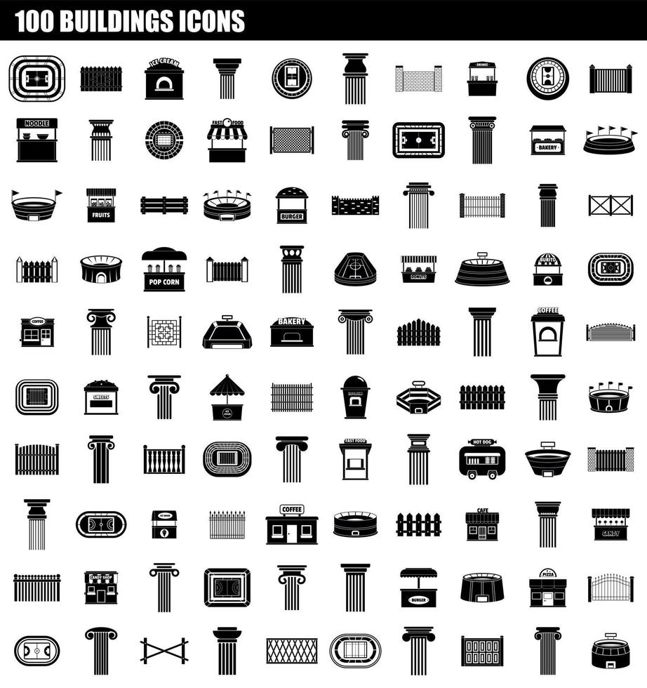 100 buildings icon set, simple style vector