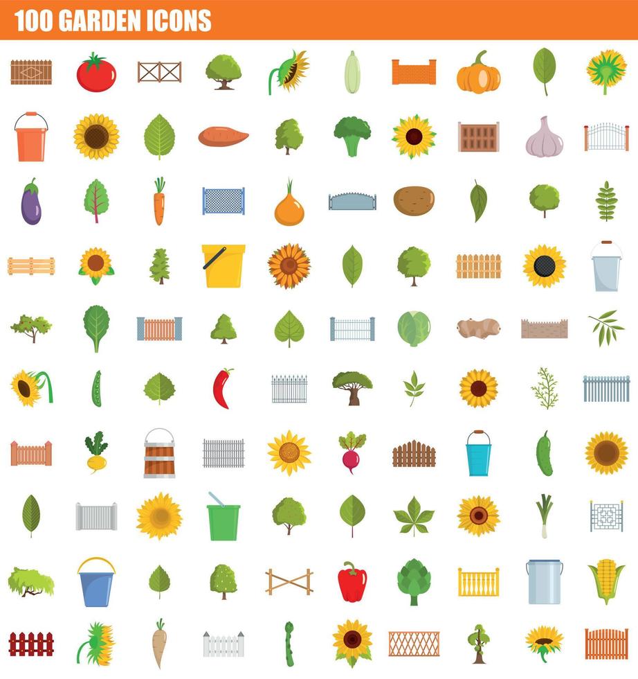 100 garden icon set, flat style vector