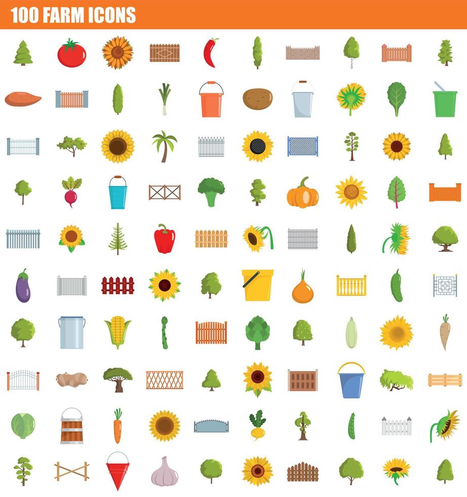 100 farm icon set, flat style vector