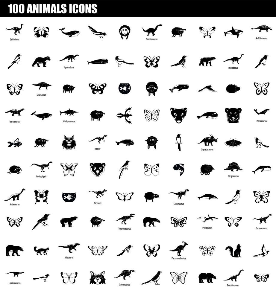 Conjunto de iconos de 100 animales, estilo simple vector