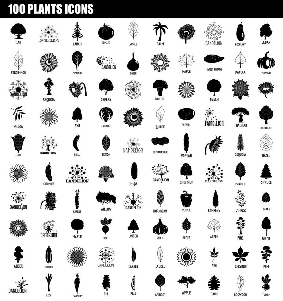 100 plants icon set, simple style vector