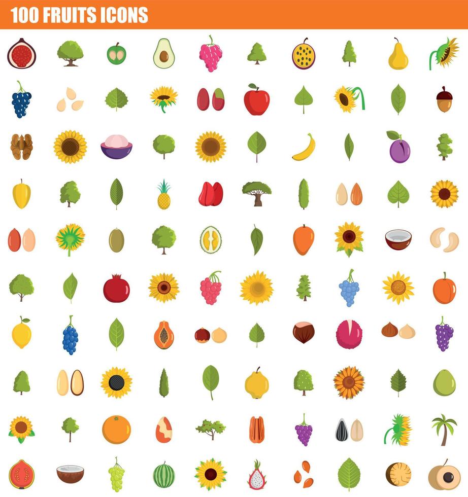 Conjunto de iconos de 100 frutas, tipo plano vector