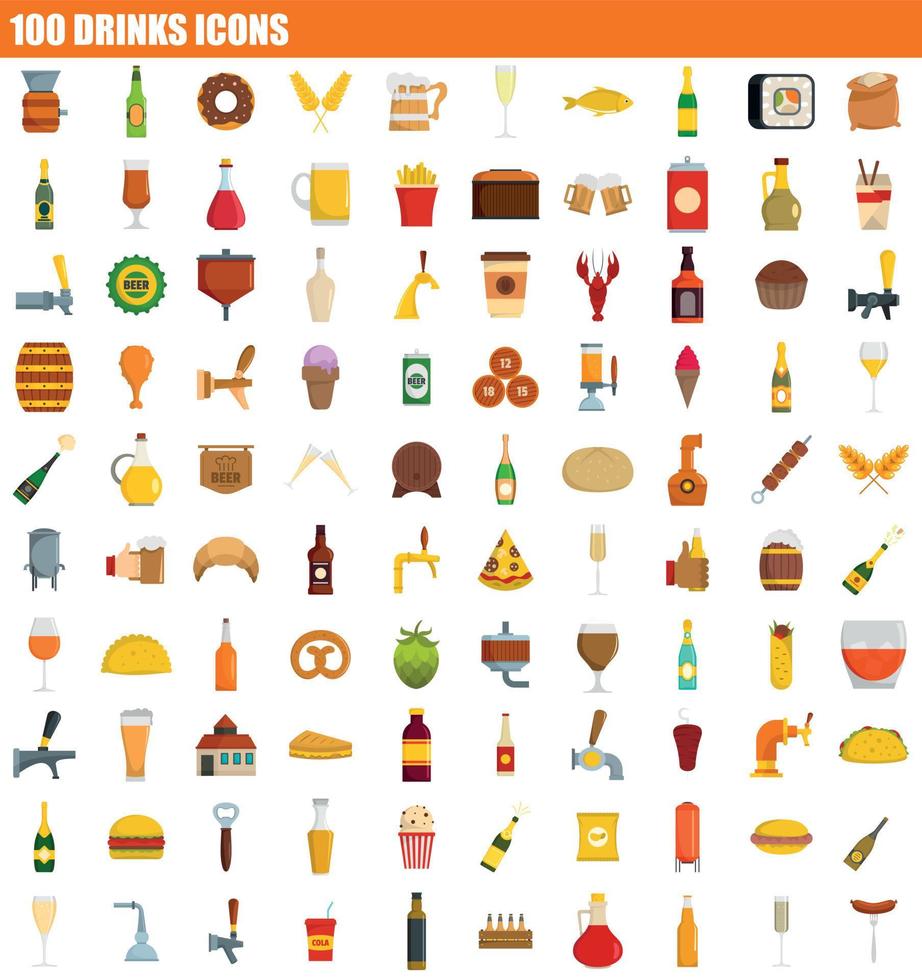 100 drinks icon set, flat style vector
