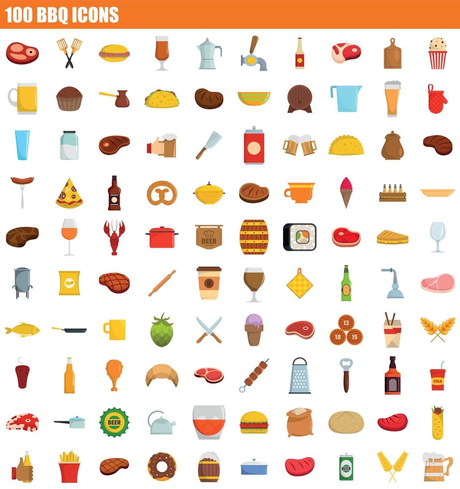 100 bbq icon set, flat style vector