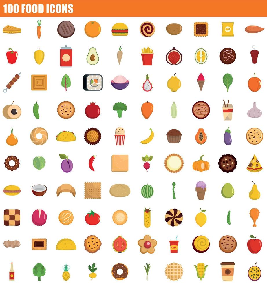100 food icon set, flat style vector
