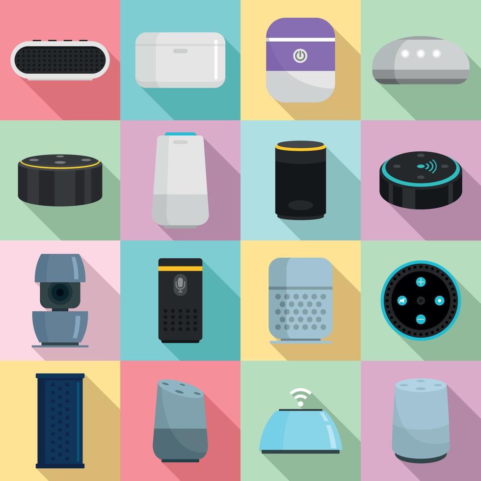 Smart speaker icons set, flat style vector