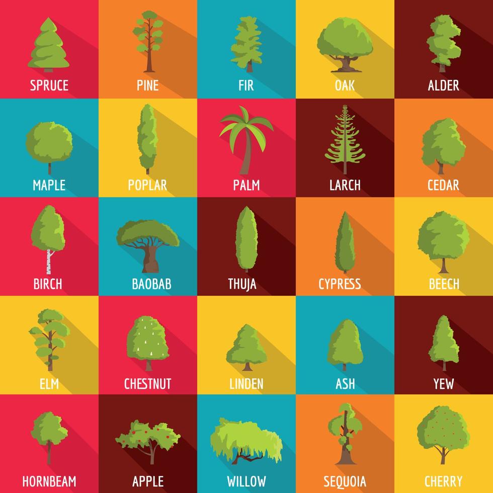 Tree icons set, flat style vector
