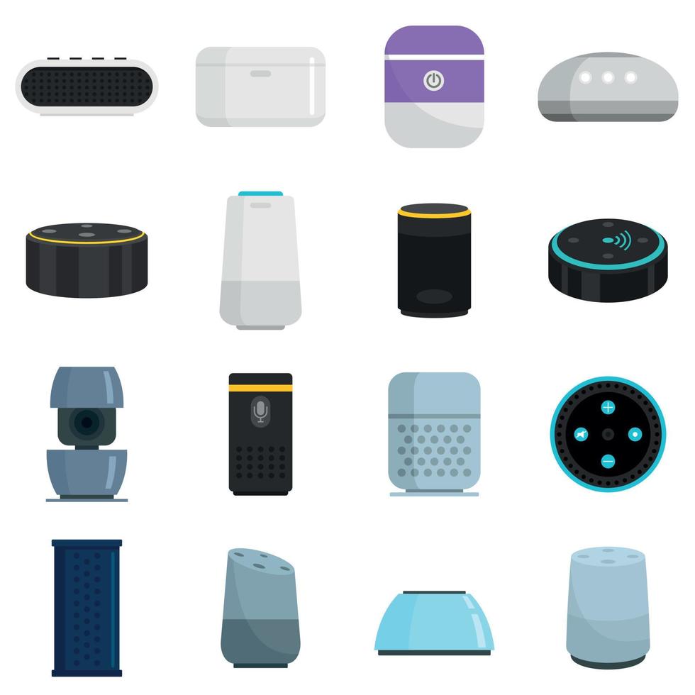 Smart speaker icons set, flat style vector