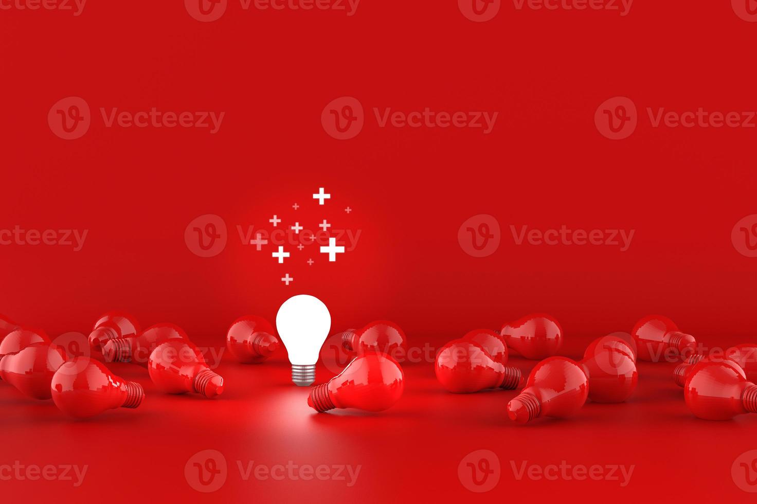 bombillas de luz sobre fondo rojo. concepto de pensamiento de idea positiva. ilustración 3d foto