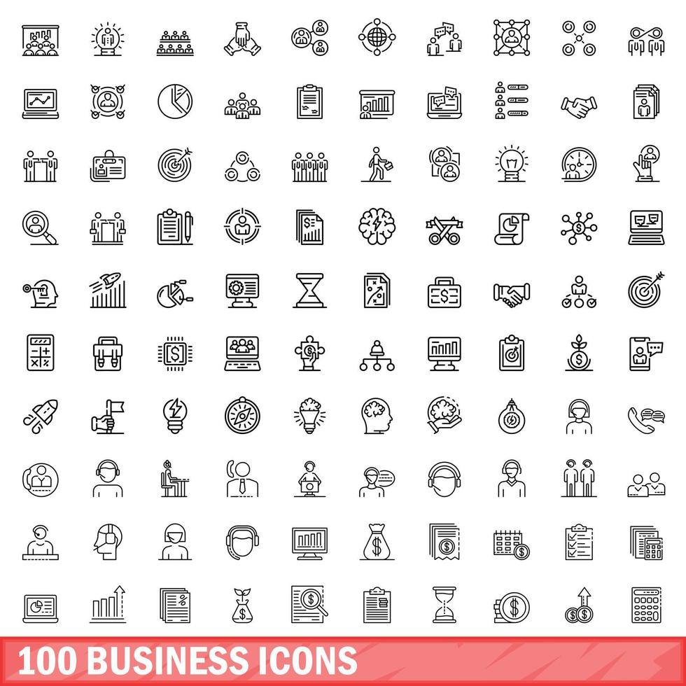 100 business icons set, outline style vector