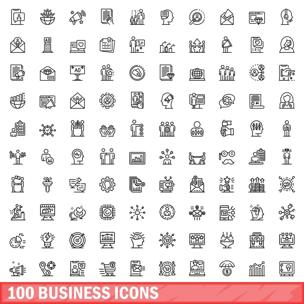 100 business icons set, outline style vector