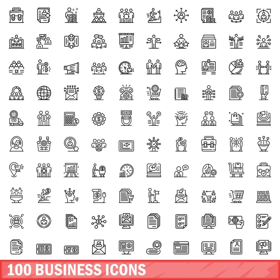 100 business icons set, outline style vector