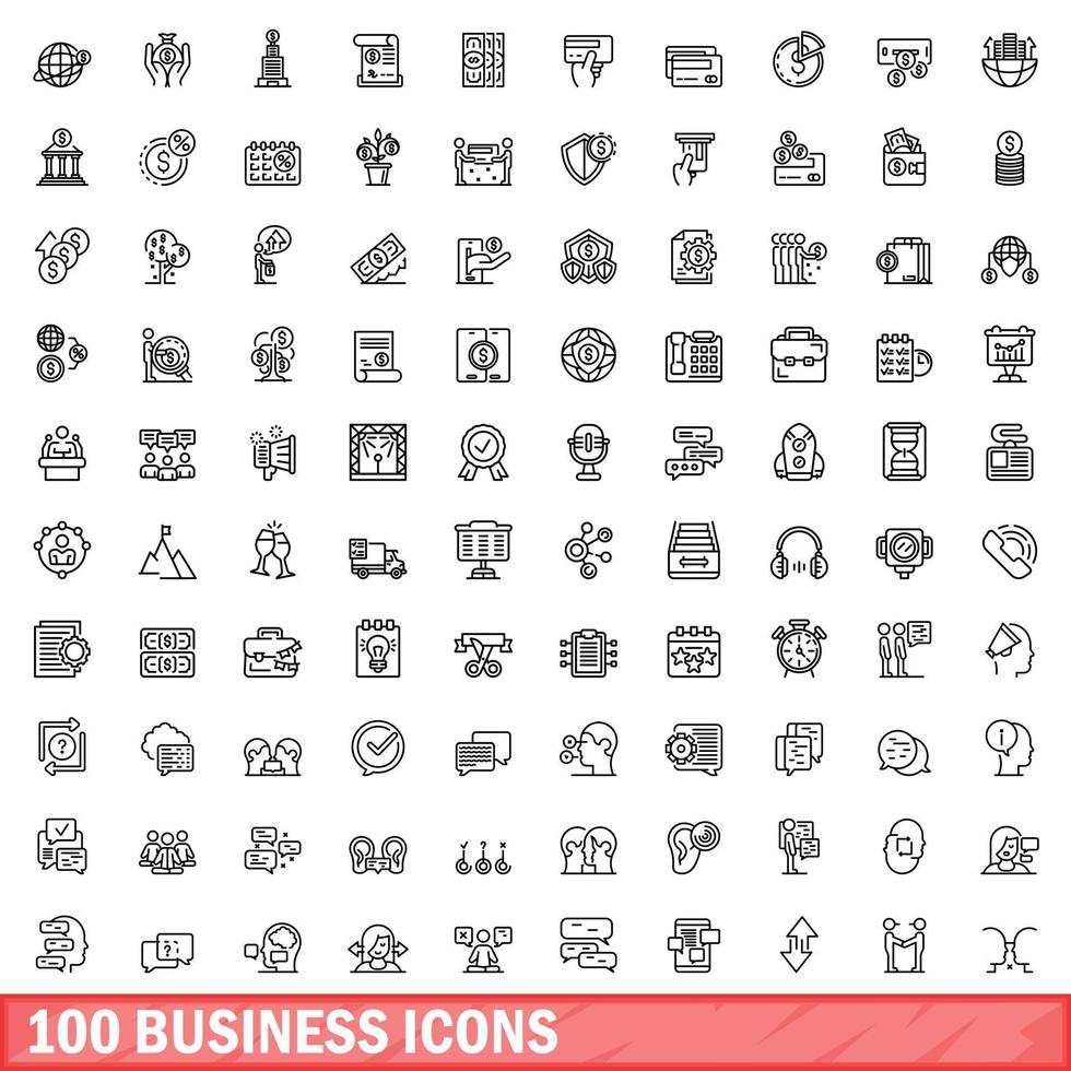 100 business icons set, outline style vector