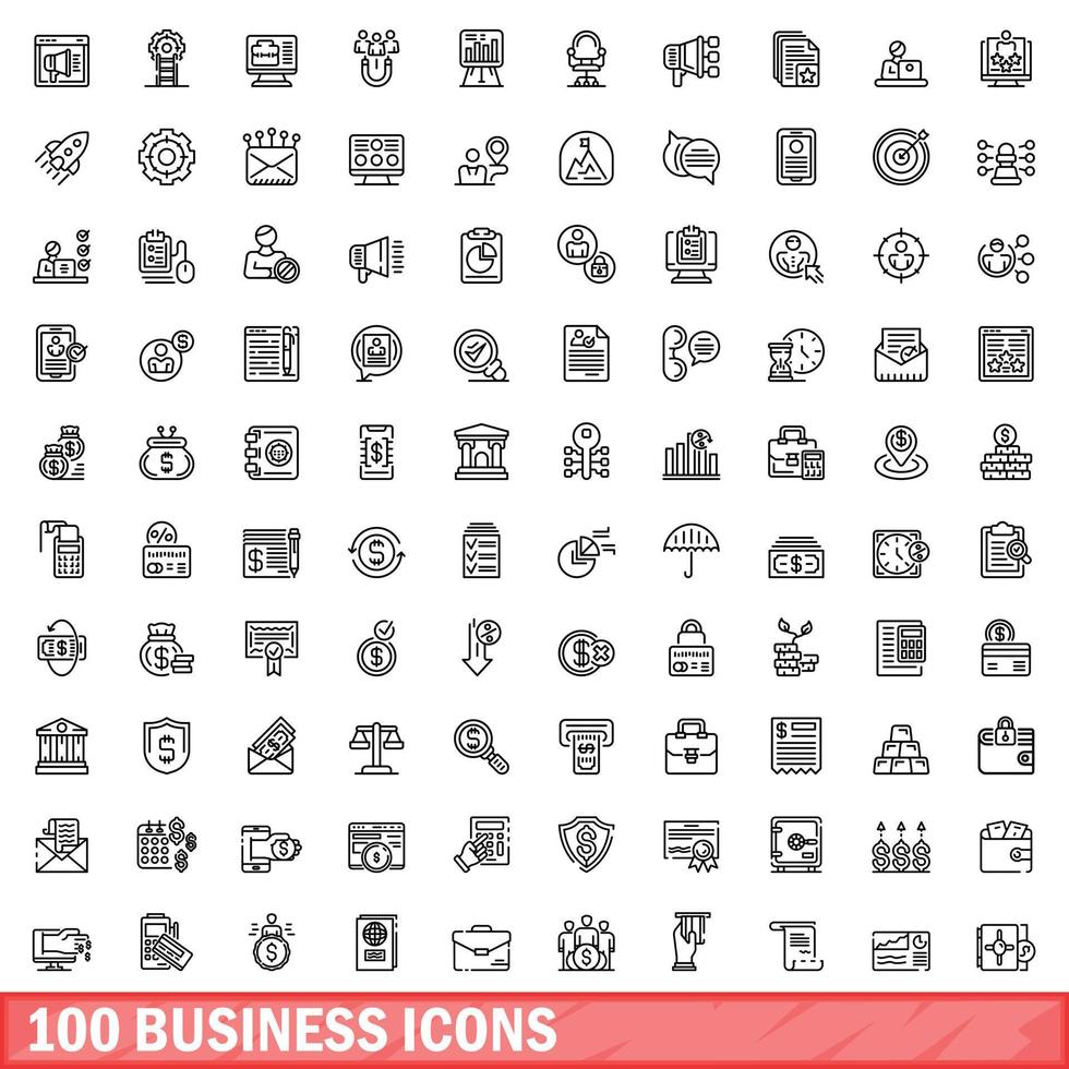 100 business icons set, outline style vector