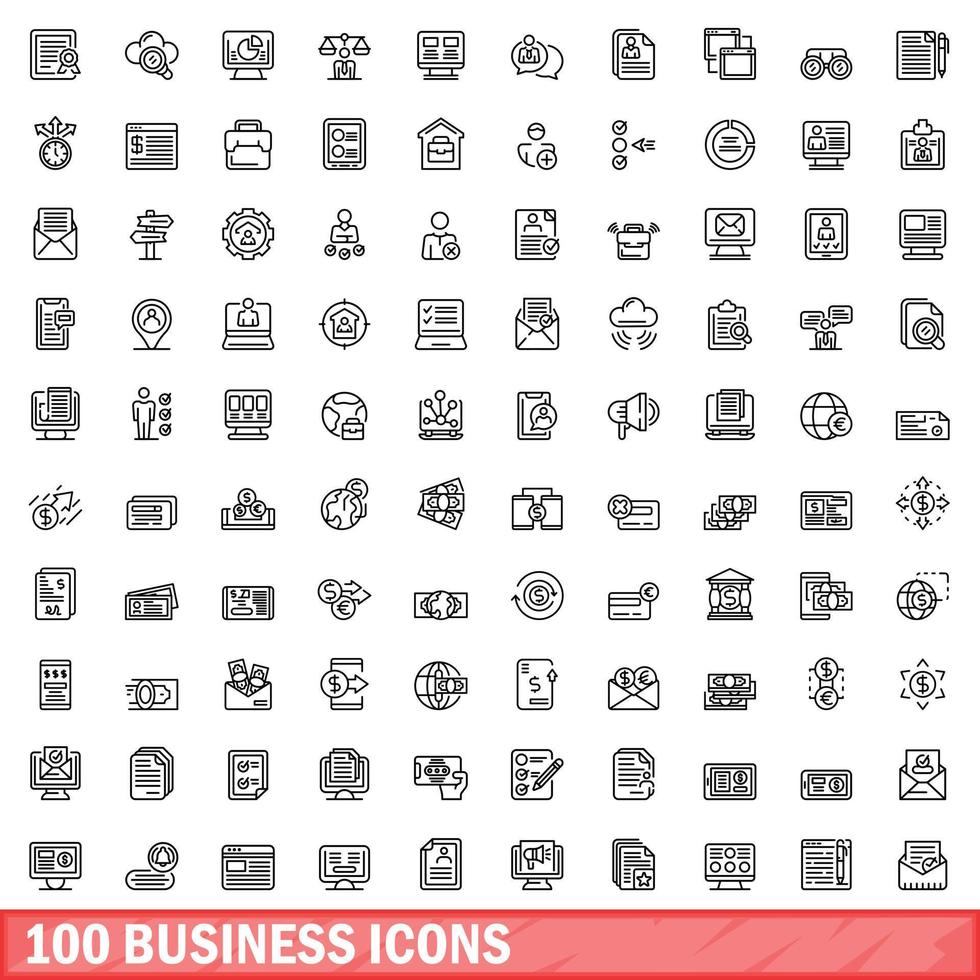 100 business icons set, outline style vector