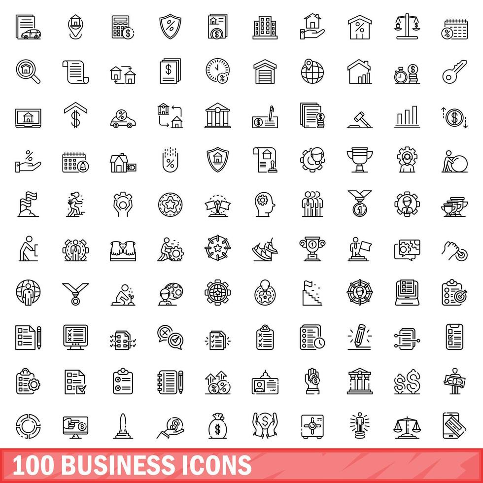 100 business icons set, outline style vector