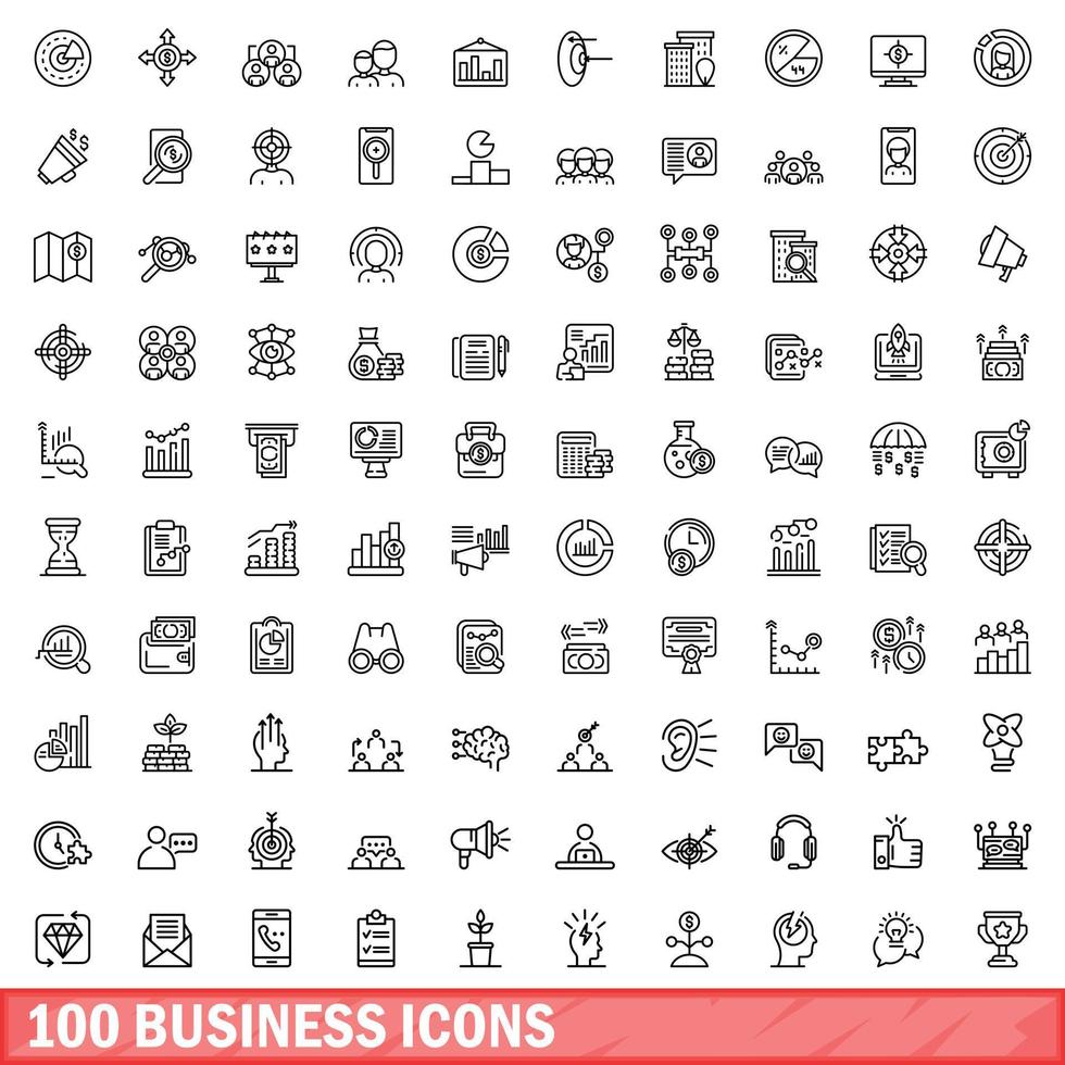 100 business icons set, outline style vector