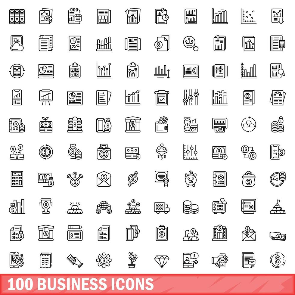 100 business icons set, outline style vector