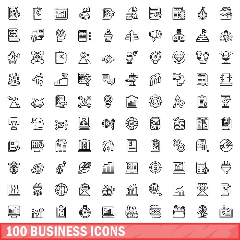 100 business icons set, outline style vector
