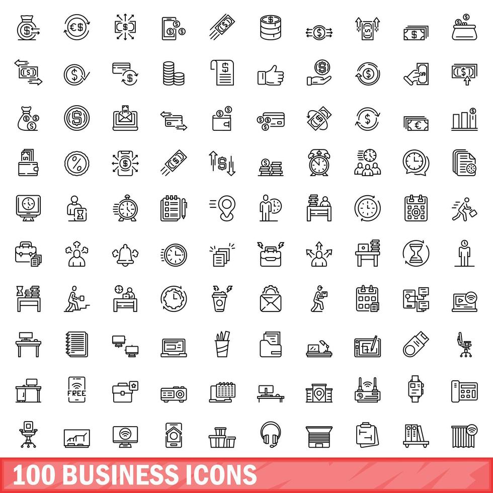 100 business icons set, outline style vector