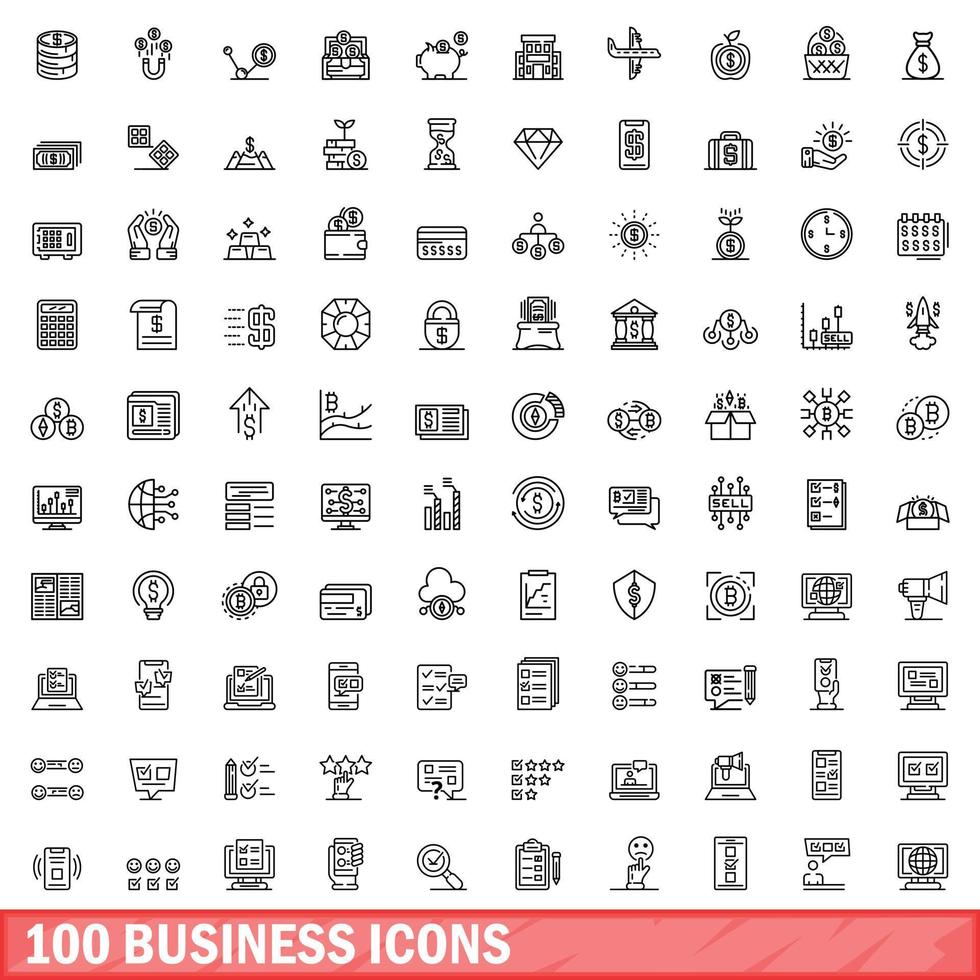 100 business icons set, outline style vector