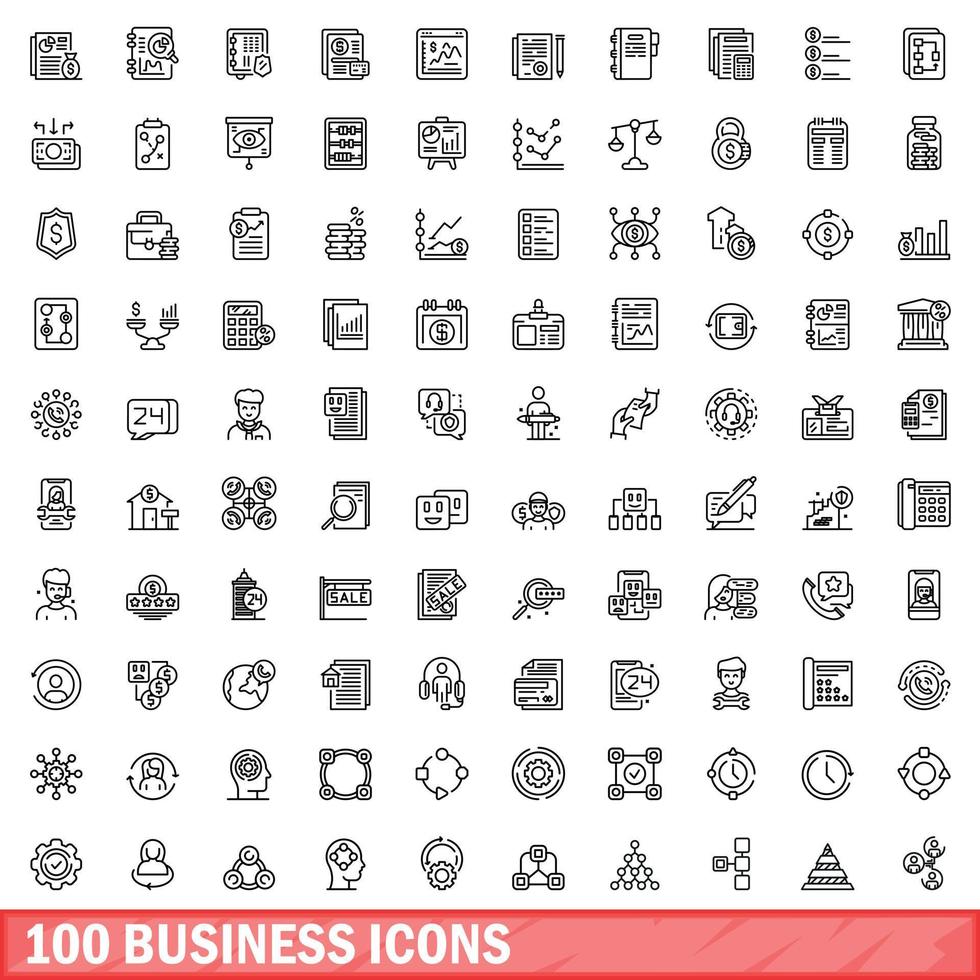 100 business icons set, outline style vector