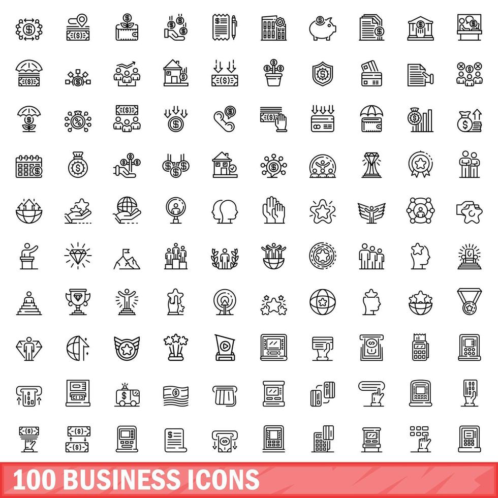 100 business icons set, outline style vector