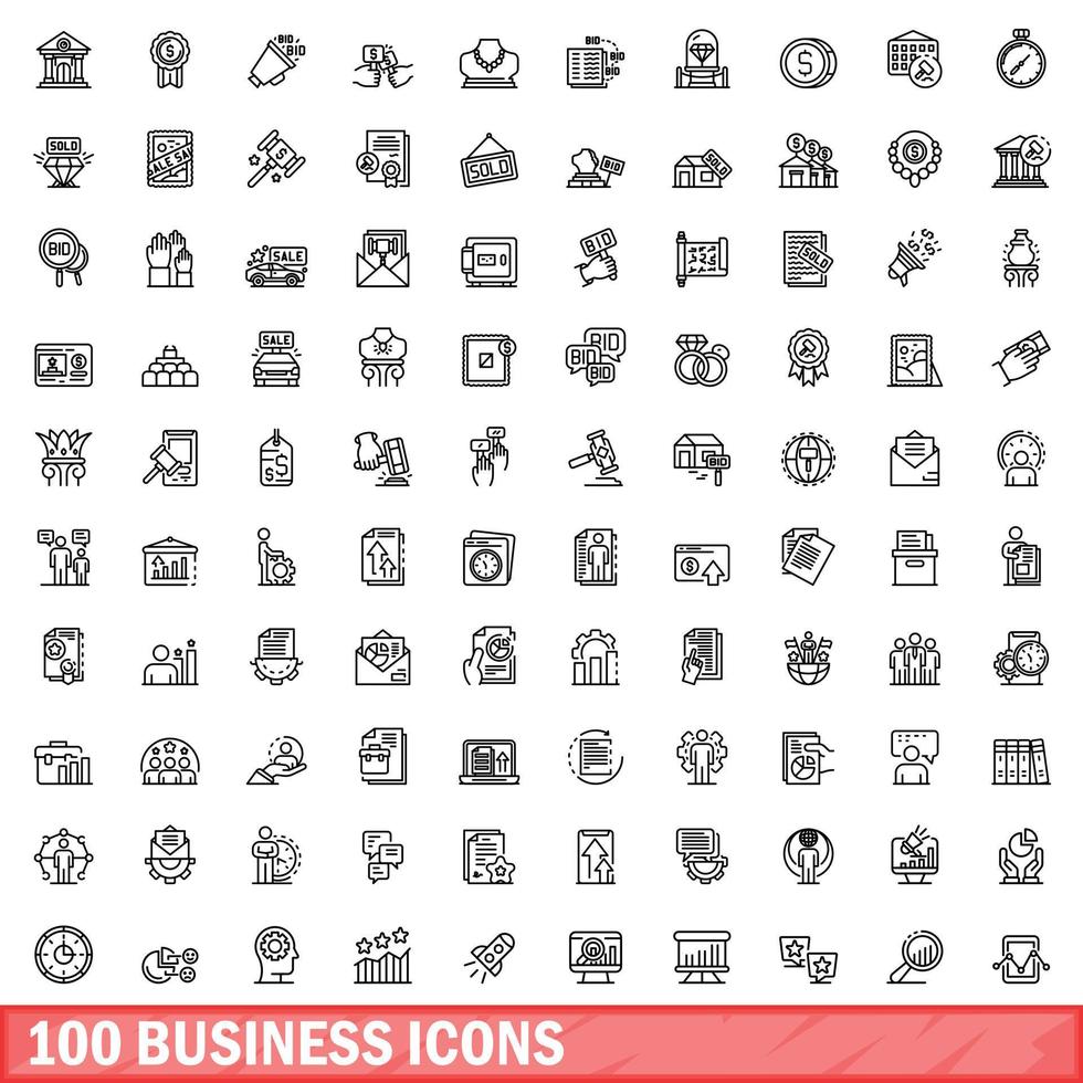 100 business icons set, outline style vector