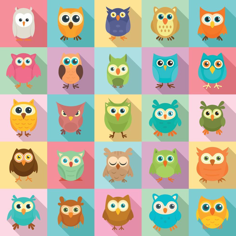 Owl icons set, flat style vector