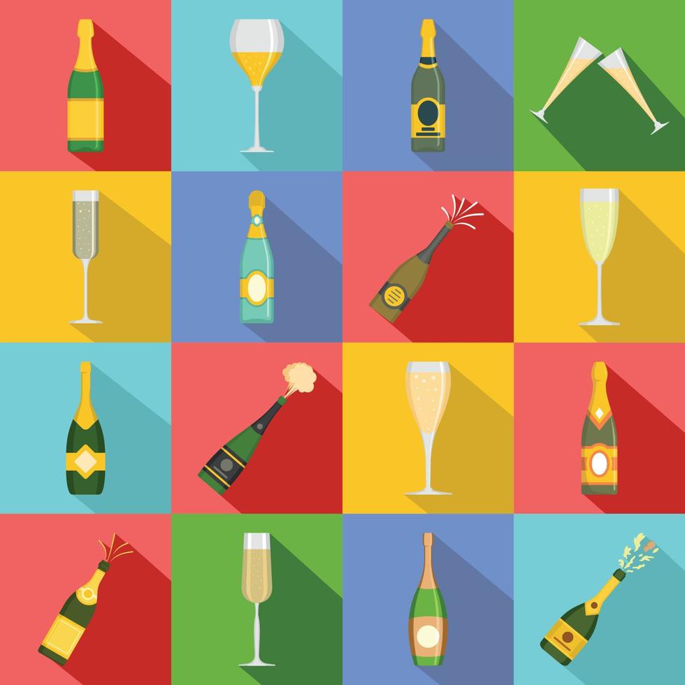 Champagne bottle glass icons set, flat style vector