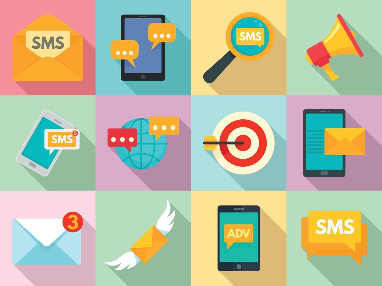 Sms marketing icons set, flat style vector