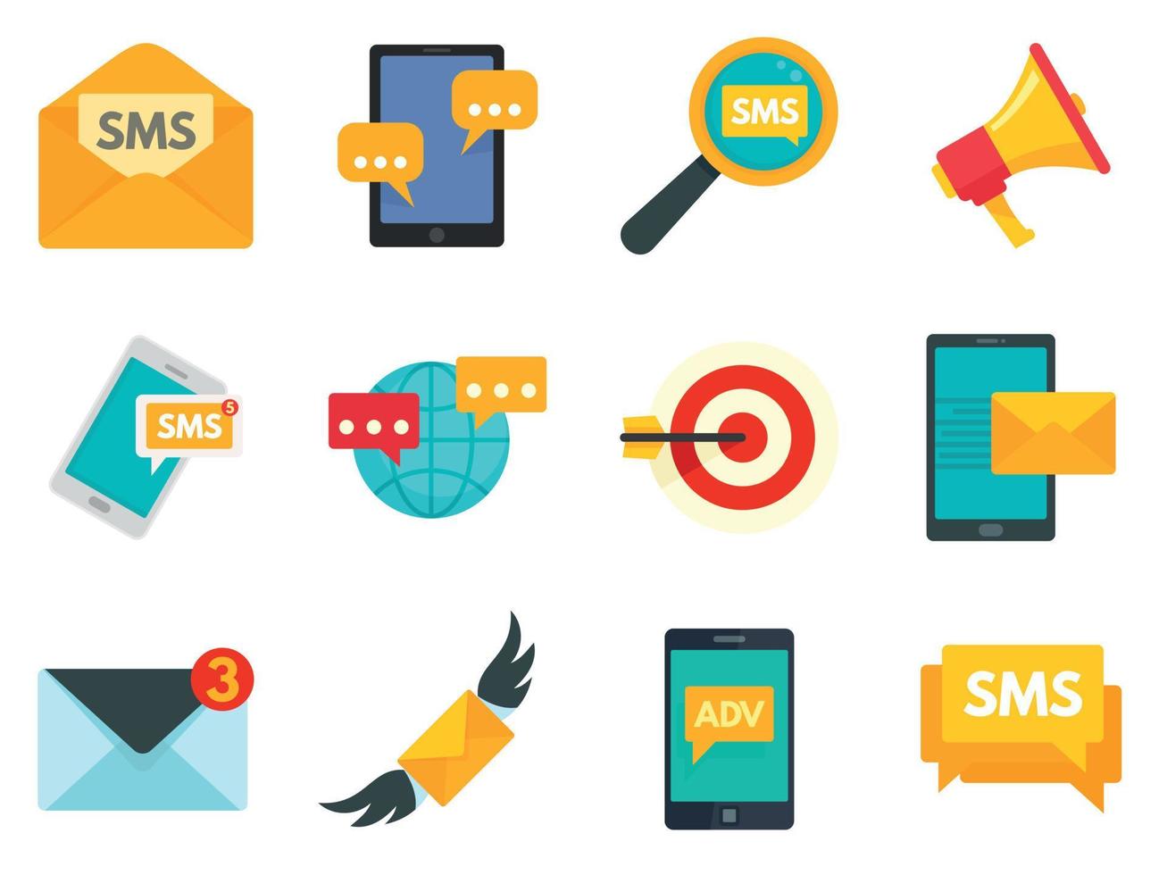 Sms marketing icons set, flat style vector