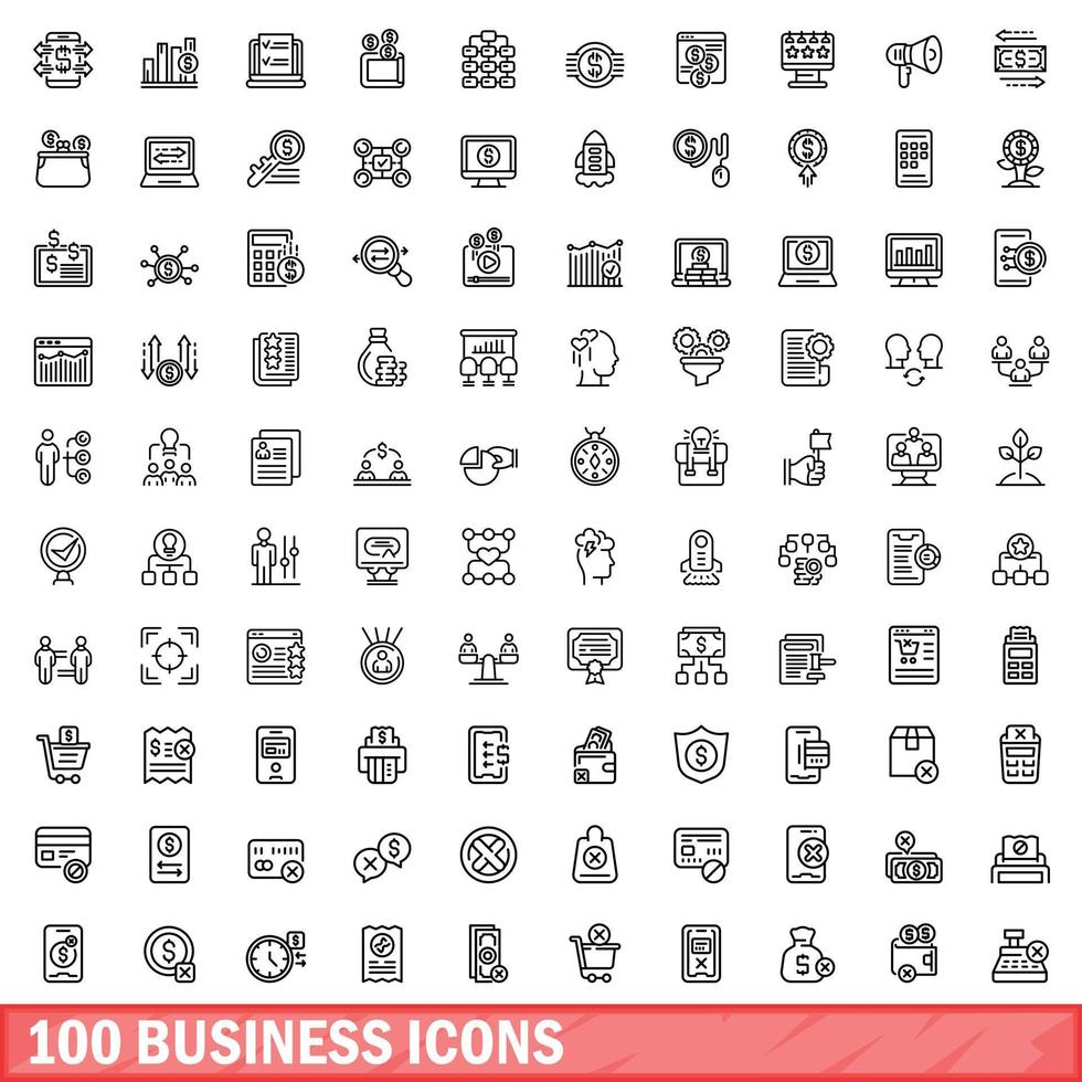 100 business icons set, outline style vector