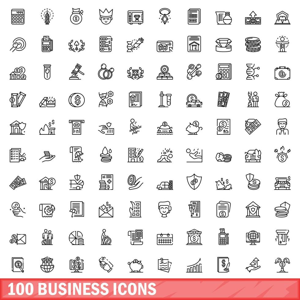 100 business icons set, outline style vector