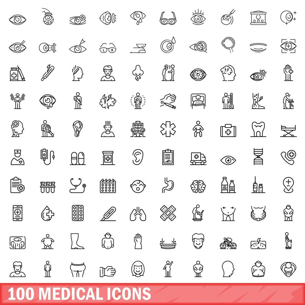 100 medical icons set, outline style vector