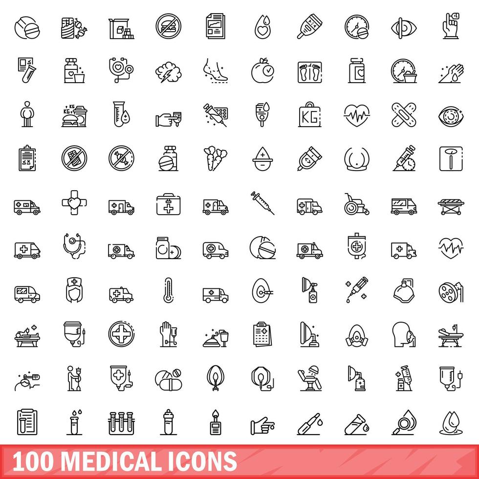 100 iconos médicos establecidos, estilo de contorno vector