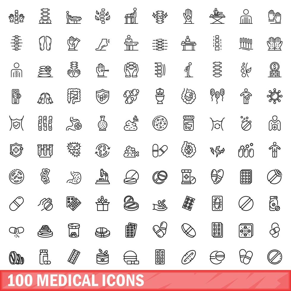 100 medical icons set, outline style vector