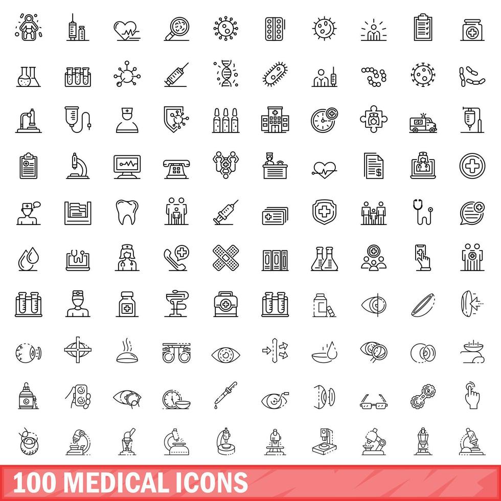 100 medical icons set, outline style vector