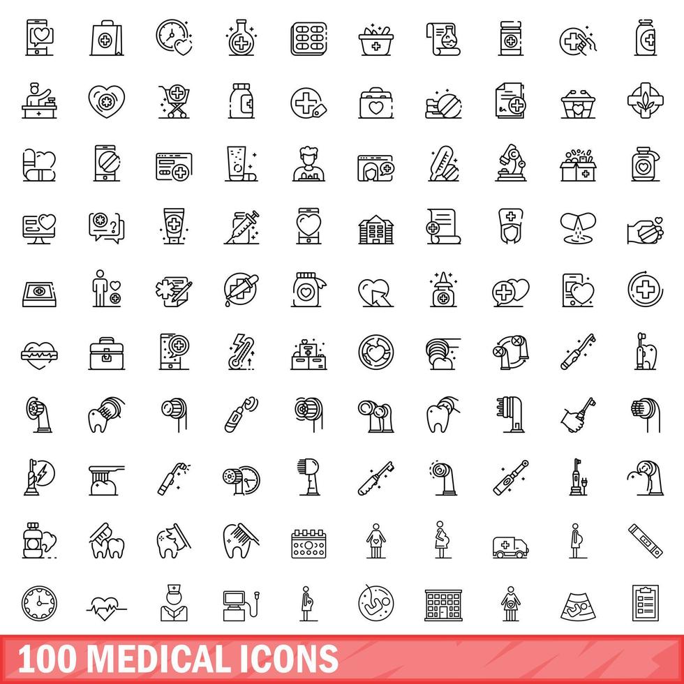 100 medical icons set, outline style vector