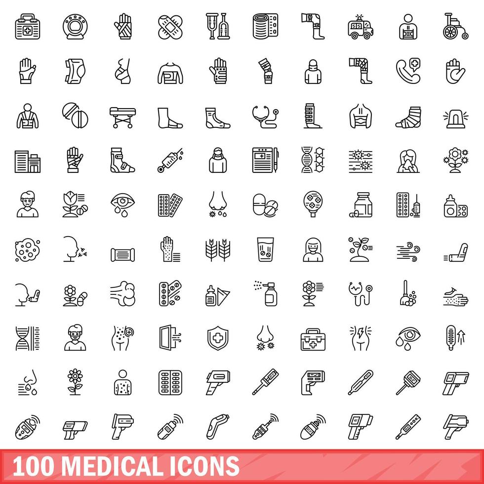 100 medical icons set, outline style vector