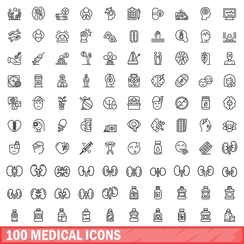100 medical icons set, outline style vector